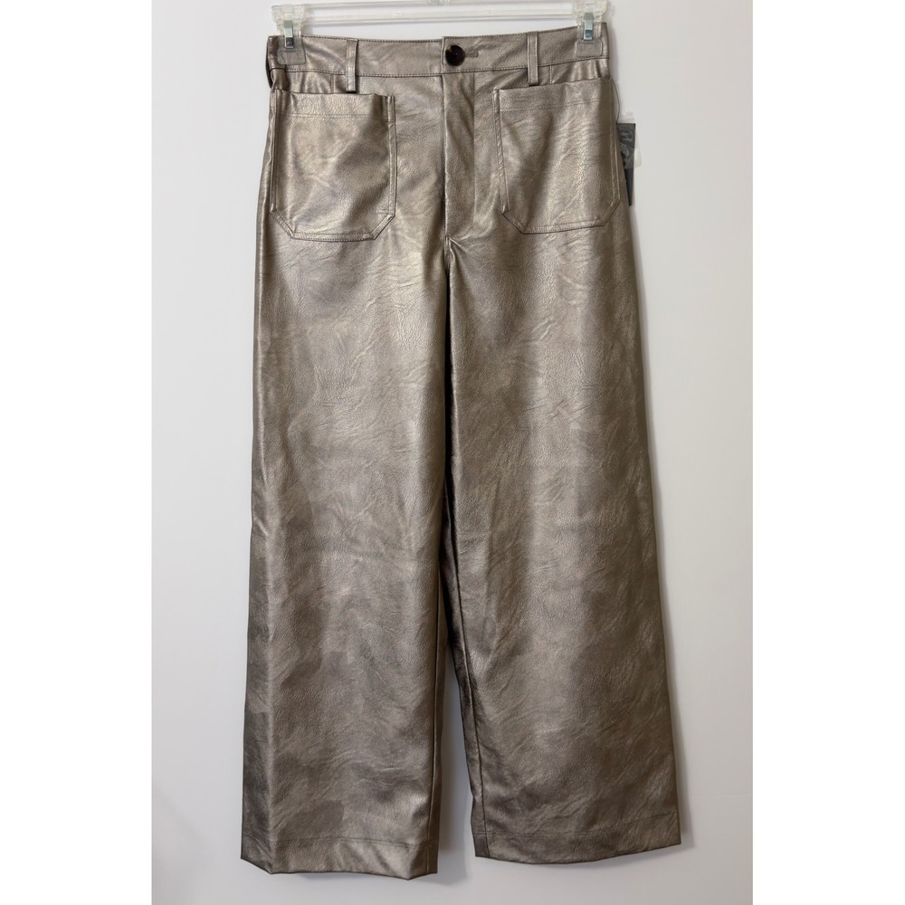 Vince Camuto Faux Leather Pants Womens 2 Gold Bronze Metallic Wide Leg High Rise